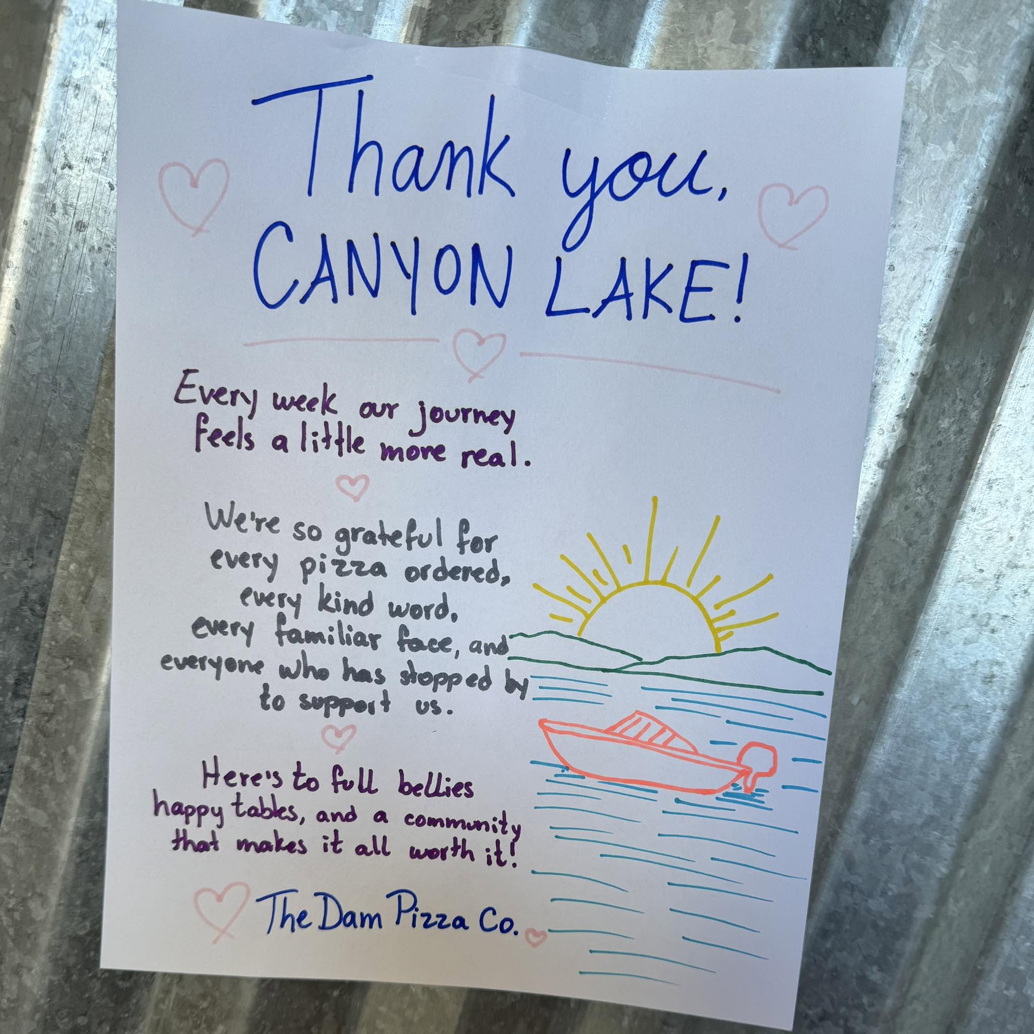 Handwritten thank-you note from The Dam Pizza Co. to Canyon Lake