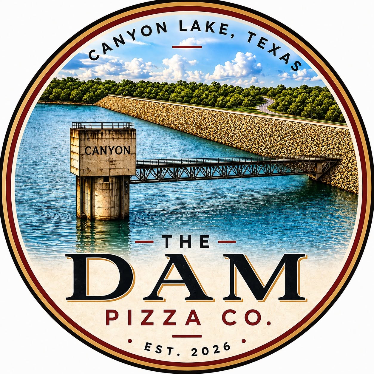 The Dam Pizza Co. logo with the Canyon Lake dam tower